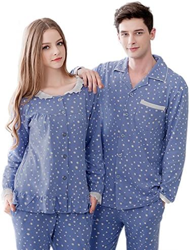 Wujamas Cotton Long Sleeve Matching Couples Men Women Pajamas Set Large Men Blue