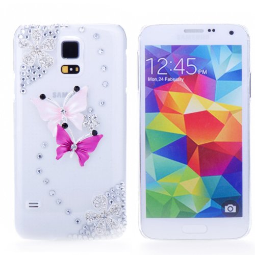 Bestonline Series Handmade Bling 3D Double Butterfly with Silver Rhinestone Flower Hard Case Cover for Samsung Galaxy S5 i9600 Transparent