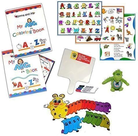 Teach, Play, Learn Letters Preschool Activity Bundle: Coloring Book, Dry Erase Board and Markers, Alphabet Order Puzzle, Activity Cards, Mom's Choice Award ABCs DVD , ABCs Book, and Green Plush Toy