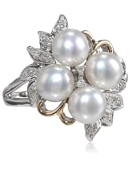 S&G Sterling Silver and 14k Yellow Gold 6mm Freshwater Cultured Pearl and Diamond Cluster Ring (0.04 cttw, I-J Color, I3 Clarity)