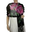 100% Chiffon Georgette Silk Hand Painted Blooming Peony Tassels Ends Long Scarf Shawl - Black