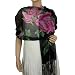 100% Chiffon Georgette Silk Hand Painted Blooming Peony Tassels Ends Long Scarf Shawl - Black
