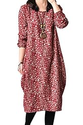 Floral Print Cotton/Linen Long Sleeves Vintage Midi Dress 