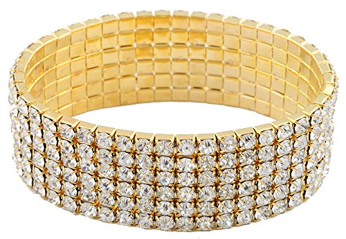 Goldtone with Clear Bridal Six Row Iced Out Elastic Stretch Bracelet