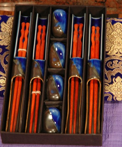 Chopstick Gift in Silk Box, Set of 4 - Blue and Slate