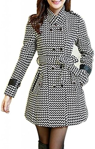 UBon Women's Double Breasted Hound'stooth Funnel-Neck Wool Coats WENR8851(Black-and-White,Small)