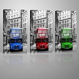 London Buses Bilder von GALVII - Edler Kunstdruck auf echter Leinwand, fertig aufgespannt auf hochwertigen Holzkeilrahmen - 3x 40x80cm - Das Original von Galerie VII