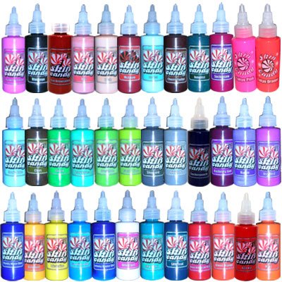 Tattoo Supplies - Skin Candy 36 Tattoo Ink Colors in 1oz Bottles