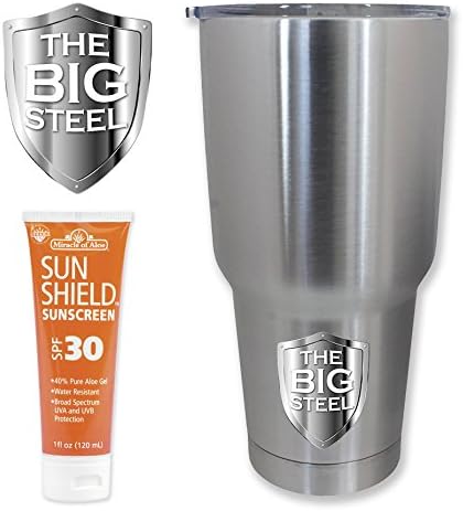 The Big Steel 30 oz Travel Tumbler with Lid, Stainless, Premium Double Walled Insulated, Ice Stays Frozen For Days, Same Yeti Technology Quality with 1 oz SunShield Sunscreen