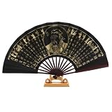 Handmade Folding Gold On Black Decorative Wall Fan With Stand - Confucius & Chinese Script Design