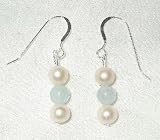 Soft And Feminine Genuine Grade A Aquamarine & Akoya Cultured Pearl Sterling Silver Dangle Earrings 6 - 6.5mm Saltwater Pearls