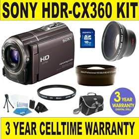 BRAND NEW SONY HDR-CX360 CAMCORDER w/ .45X SUPER WIDE ANGLE LENS + 2X TELEPHOTO LENS + 16GB MEMORY CARD + 3 YEAR CELLTIME WARRANTY