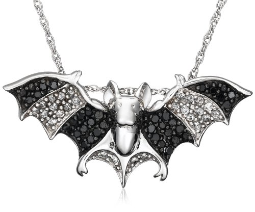 Sterling Silver Black and White Diamond Bat Pendant, (1 cttw)