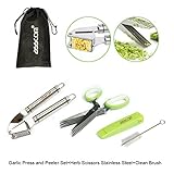 Asscom 3-In-1 Garlic Press and Peeler Set+Herb Scissors Stainless Steel+Clean Brush,Garlic Press slicer Stainless Steel Mincer and Silicone Tube Roller,Herb Scissor