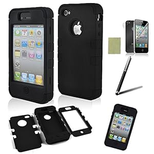 SQdeal® 3-piece Hybrid High Impact Hard Case for Iphone 4 4s, with Stylus Pen and F&b Protector (Black)