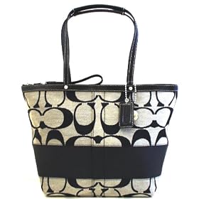 Coach Medium Black and White Signature Stripe Tote Bag - 13548