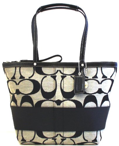 Coach Medium Black & White Signature Stripe Tote Bag - 13548