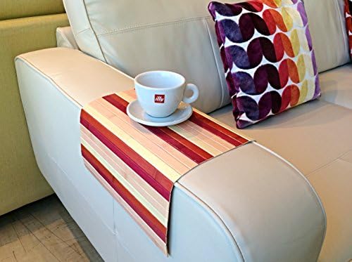 Stylish flexible sofa tray from natural bamboo with a Red / Pink / White theme. Couch tray. Sofa arm tray. Sofa table.