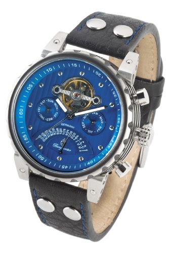 Burgmeister Limoges BM136-933 Herren Automatik Uhr Edelstahl/bicolor blau offene Unruh Datum/Tag/Monat/24h Leder schwarz