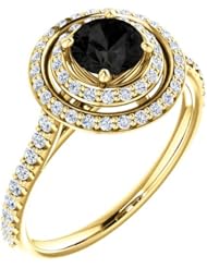 10K Yellow Gold Round Cut Black and White Diamond Double-Halo Ring -- LIFETIME WARRANTY