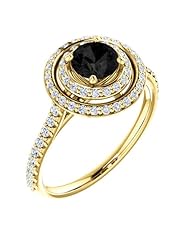 14K Yellow Gold Round Cut Black and White Diamond Double-Halo Ring -- LIFETIME WARRANTY