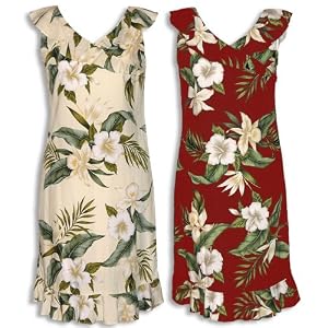 Short Tank Dress - White Orchid Hibiscus Ruffle Neck and Bottom Hawaiian Aloha V Neck Dress