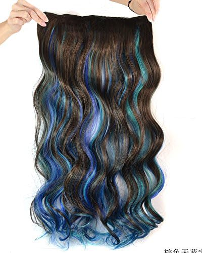 Lady 24" Two Tone Long Curly Wavy Clip-on Hair Extensions(Dark Brown and Blue)