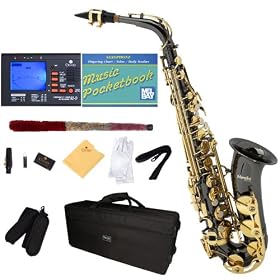 Mendini MAS-BNG Black Nickel Plated Body w/ Gold Plated Keys E Flat Alto Saxophone + Case, Accessories & Free Chromatic Tuner with Metronome