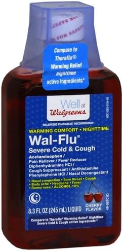 Walgreens Wal-Flu Severe Cold & Cough Liquid, Nighttime, Cherry 8.3 oz(pack of 2)