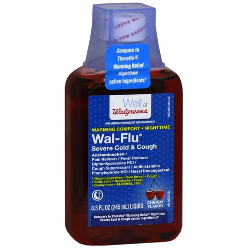 Walgreens Wal-Flu Severe Cold & Cough Liquid, Nighttime, Cherry 8.3 oz(pack of 2)