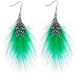 Green White Polka Dot Feather Earrings