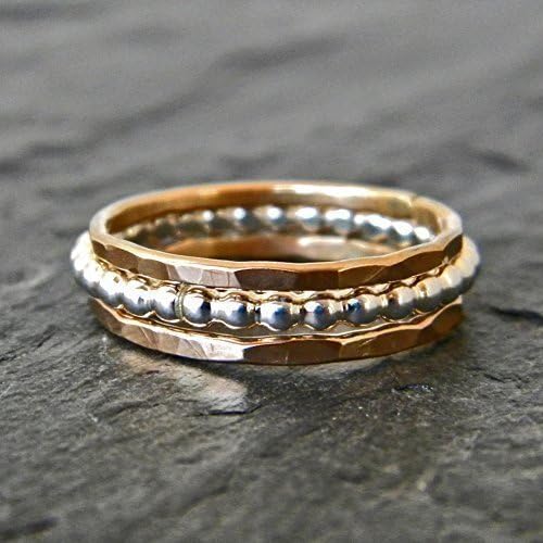Sterling Silver Stacking Ring, Silver and 14 Karat Gold Fill Ring Set, Thumb Ring, Handmade Artisan Jewelry