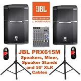 JBL Powered 15 PRX615M Live Loudspeakers, Mixer, Stands and Cables Set New