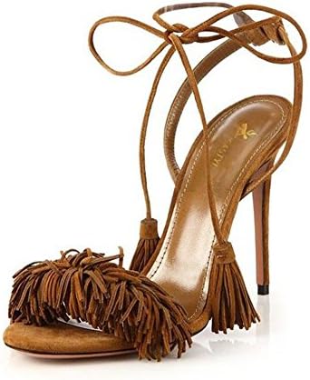 Isastyle Womens Shoes Lace Up High Heel Sandals Tassel Fringe Tie Up Party Prom Strappy Size for Dress Suede Camel US 4