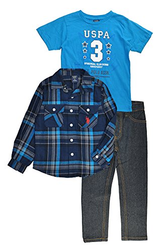 U.S. Polo Assn. Boys' Little 3 Piece Long Sleeve Fancy Sport Shirt, T-Shirt Or Creeper, and Denim Jean Set, Turquoise, 6