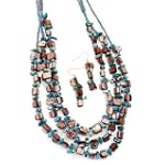 Multi Strand Teal & Brown Shell Nugget Beaded Necklace Earrings Set