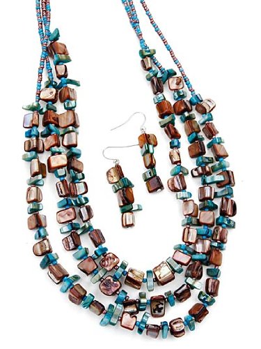 Multi Strand Teal & Brown Shell Nugget Beaded Necklace Earrings Set