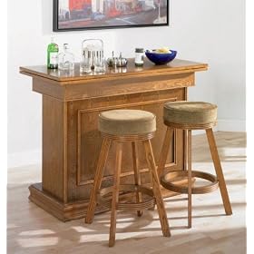 Click here to buy 3pc All In One Game Table Bar Unit and Bar Stools Set Oak Finish by Coaster.