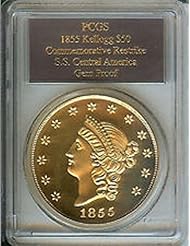 Coins: 1855 Kellogg $50 Commemorative Restrike Gem Proof S.S. Central America Gold