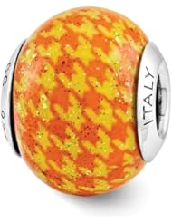 Sterling Silver Reflection Orange Checkered Overlay Italian Bead