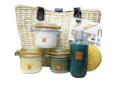 Borghese Body Basics Bango Di Vita Bath and Shower ,Sali Esfoliante Salt Scrub,fango Active Mud for Face and Body ,Tono Body Creme,sponge,Straw Bag