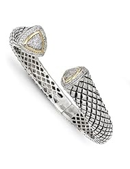 Sterling Silver w/14k 1/2ct. Diamond Hinged Cuff Bracelet, Best Quality Free Gift Box Satisfaction Guaranteed