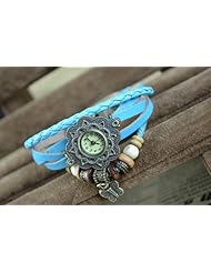 KANO BAK(TM) Vintage Wrap Around Leather Retro Weave Wrap Quartz Bracelet Woman Unisex Sunflower Butterfly Gift Watch Sky blue