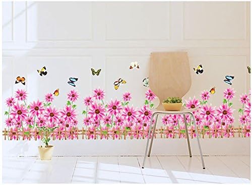 Simoshaw Pink Gerbera Daisy Flowers Sunflowers with Butterflies Over Fences Removable Wall Stickers Wall Decor Home Decor Wall Art Kids Room Bedroom Decor Living Room Decor