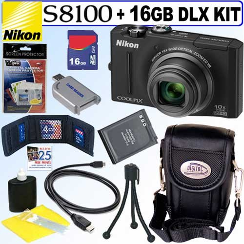 Nikon Coolpix S8100 12.1 MP CMOS Digital Camera (Black) + 16GB Deluxe Accessory Kit