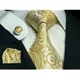 LANDISUN:Gold Paisley Designer Silk Necktie + cufflink+ Hanky Gift Set (#212)