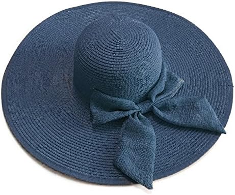 Funnywe Fashion Straw Derby Cap Womens Flax Bow Wide Large Brim Summer Beach Sun Hat (Navy)