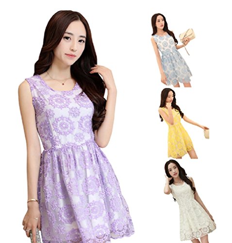 【ARINCO】 シフォン レース ドレス 刺繍 ワンピース 袖なし 春 夏 レディース S M L XL イエロー ブルー パープル ホワイト 全４色