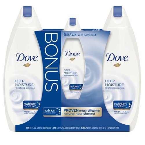 Dove Deep Moisture Body Wash Value Pack, Bonus 6.67oz. bottle with Free Body Pouf, Two 24-Ounce Bottle