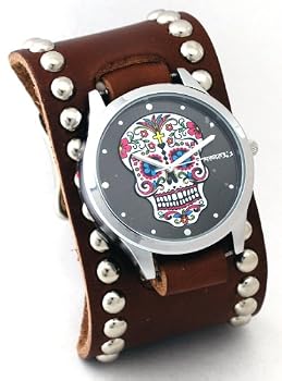 Nemesis # BSD925S Women's Brown Wide Leather Band With Tatto Skull Watch